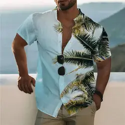 2024 Cotton Men's Shirt Summer Shirt Men's Hawaiian Shirt Casual Fashion Street Short Sleeves Coconut Tree Beach Vacation Party