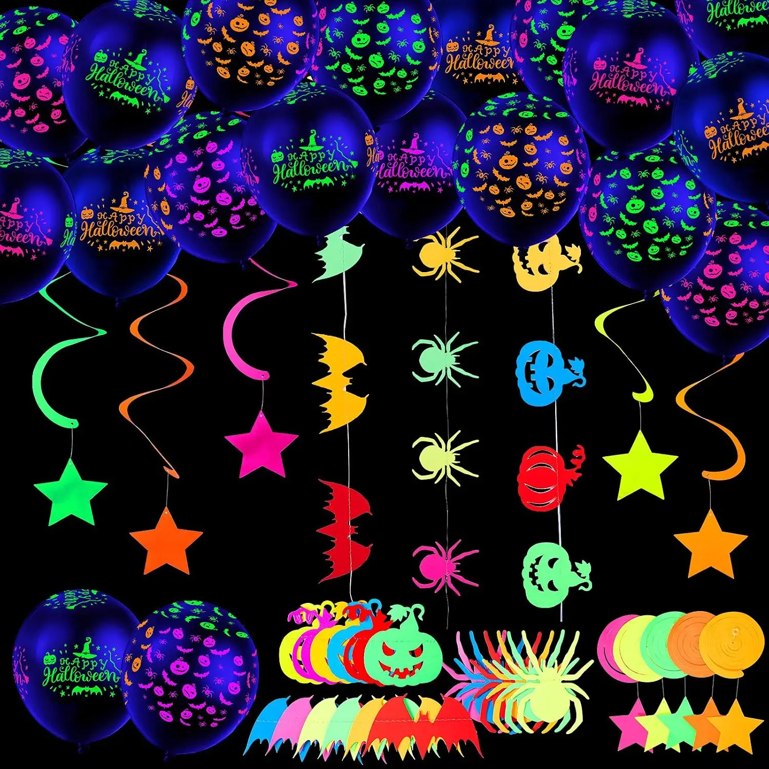 Sumind 58 Pcs Neon Halloween Balloons Decorations Glow in the Dark Party
