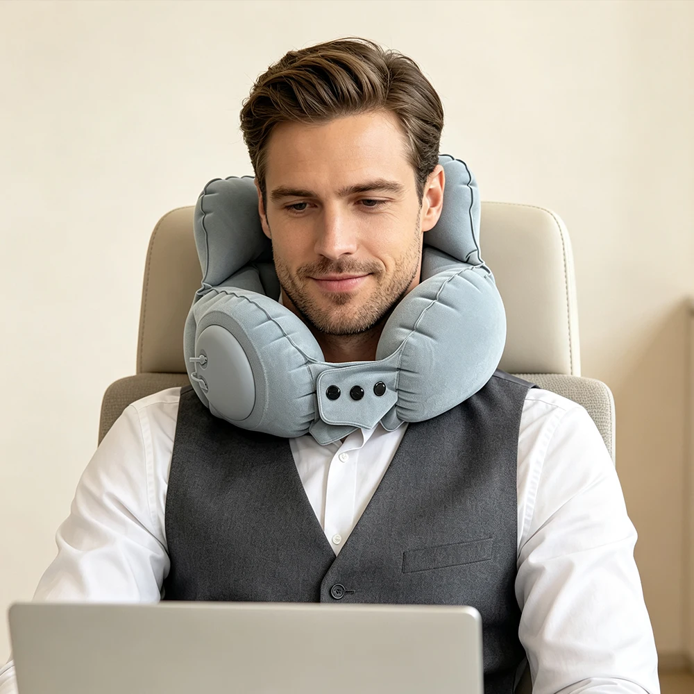 1 aufblasbares Nackenkissen, tragbares Reisekissen, verstellbares Snap-On-Press-Inflatable-Design, ergonomische Kopfstütze, geeignet für den Einsatz in Flugzeugen, Zügen, Büros und zu Hause – Detail 3