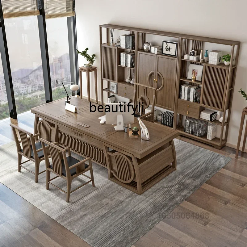

New Chinese Office Table and Chair Combination Solid Wood Boss Desk Walnut Office Desk for Boss Office Furniture