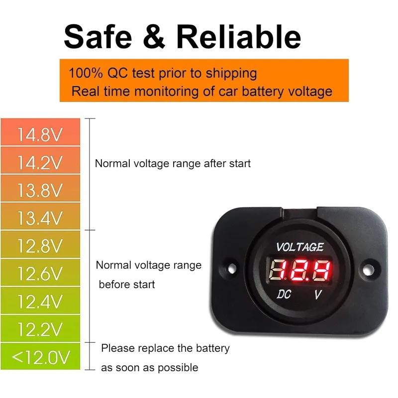 مقياس جهد السيارة مكون من 3 أرقام، شاشة بطارية LED للمركبات 12 فولت/24 فولت