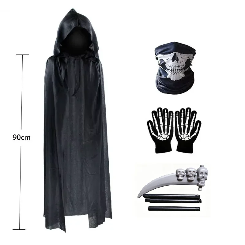 Horror Stitch Themed Cosplay Outfit Grim Reaper Black Cloak Costume Skull Skeleton Themed Full Set Outfit with Matching Props
