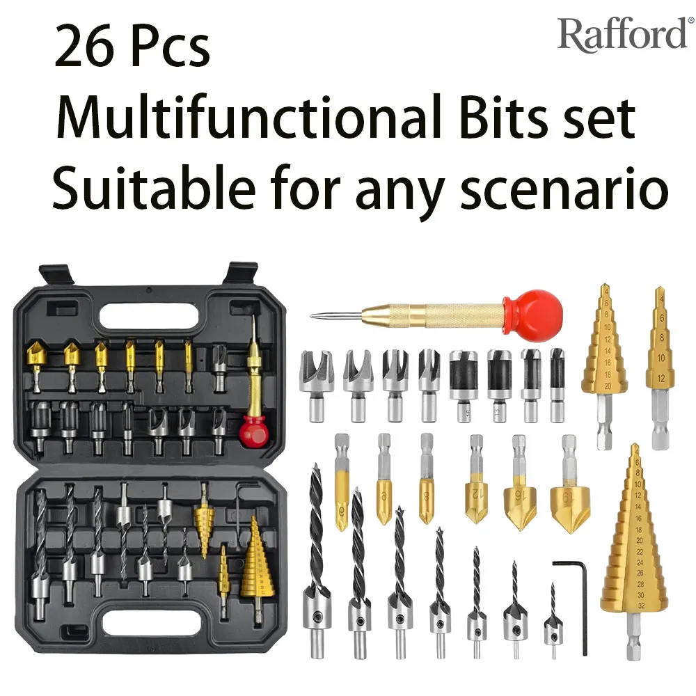 Rafford 26-Piece Woodworking Drill Set: Pagoda Drill + Center Punch + 3-Point Countersunk + 5-Edge Chamfering + Wood Plug Drill