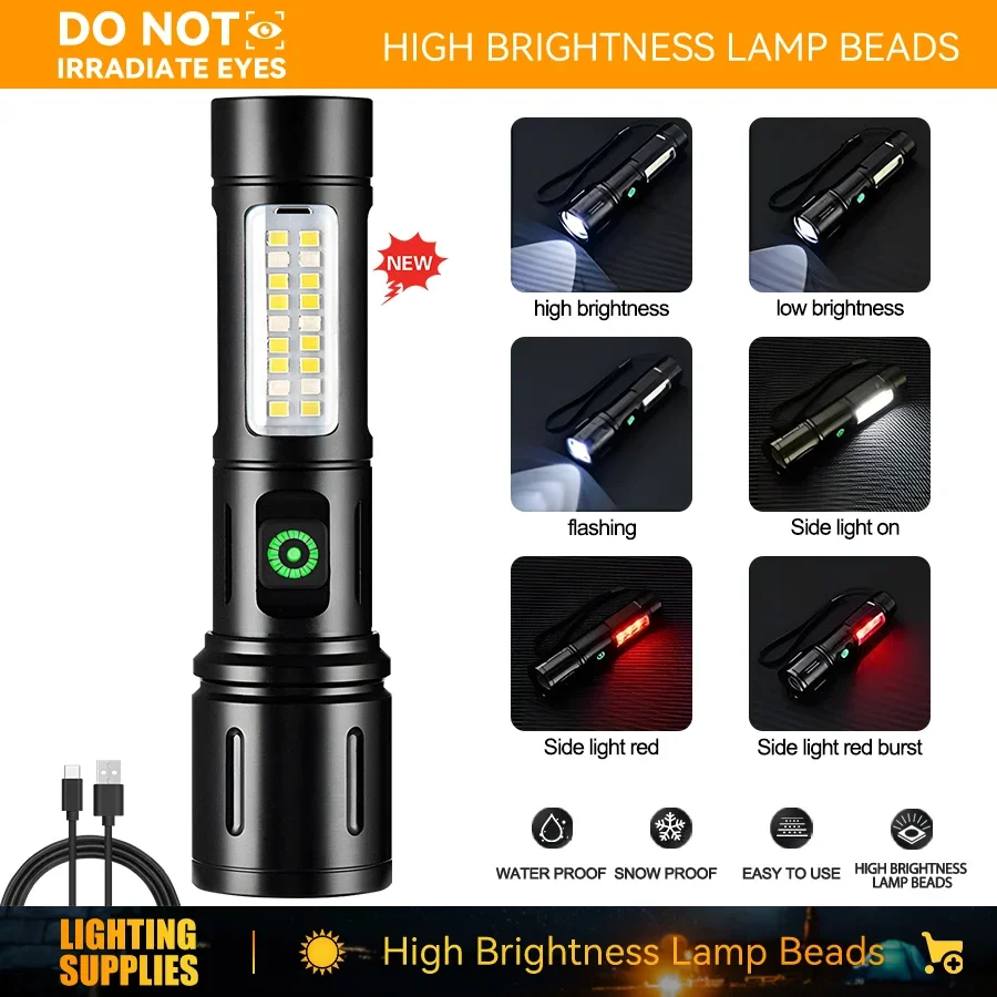 Lanterna super brilhante LED + COB 500 lúmens tipo guerra lanterna retrátil liga de alumínio recarregável acampamento ao ar livre aventura