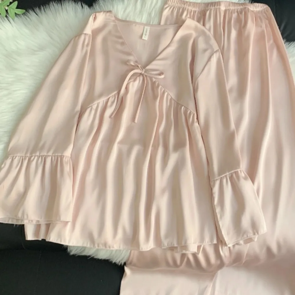 Thin Long Sleeve Pajamas V-neck Silk Pyjama Women's 2-piece Sets Spring Autumn Nightwear Female Sleep Elegant Sleepwear Pijama