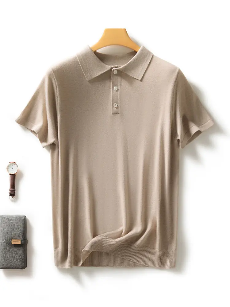 100% Worsted Wool Knitted Short Sleeve POLO Shirt Thin Fashion Casual Loose Pullover Half Sleeve T-Shirt