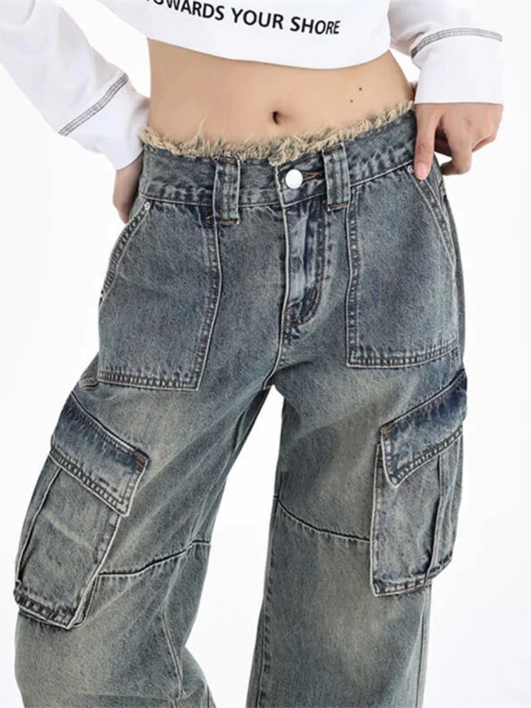 Jeans multitasche blu da donna Y2K Harajuku giapponese streetwear anni 2000 vita alta gamba larga jeans vintage pantaloni abbigliamento 2025