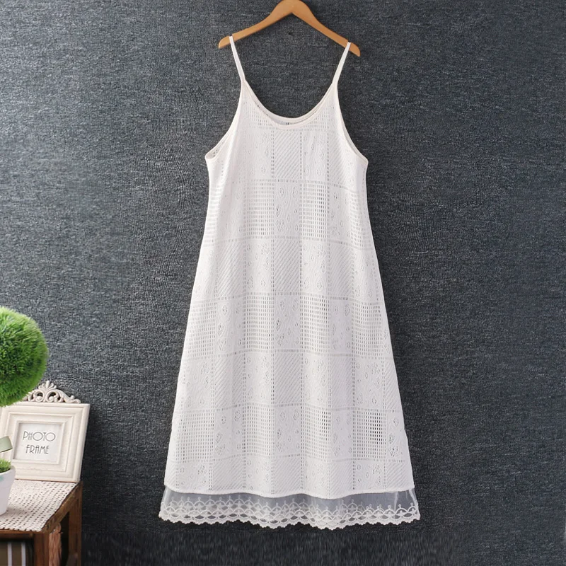 

Women Summer New Sweet Mori Girl Lace Embroidery Hollow Out Slip Dress Elegant Solid Color Casual Loose Spaghetti Strap Dresses