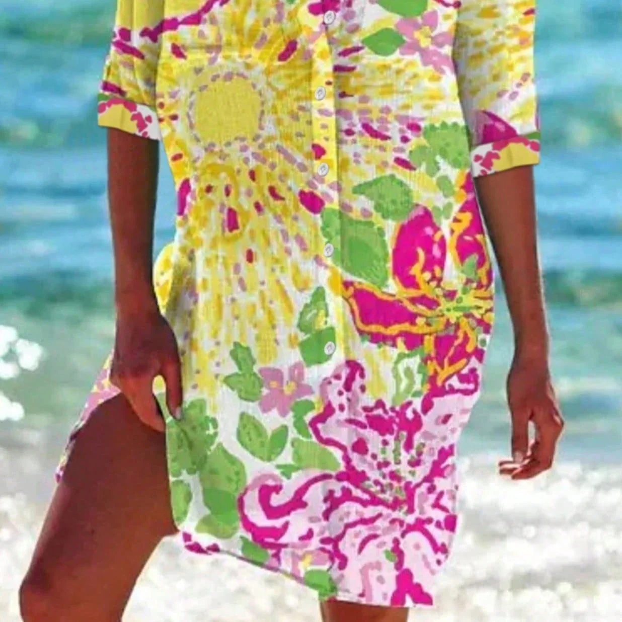 

Женское пляжное платье-накидка с однобортной застежкой и тропическим цветочным принтом для летнего отдыха