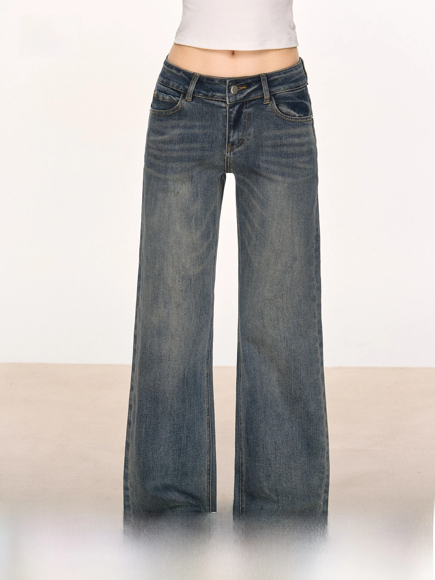 

Blue Low Waist Wide Leg Jeans Women's Spring Loose Fit Casual Straight Cut Trousers Draping Effect Stylish Long Pants