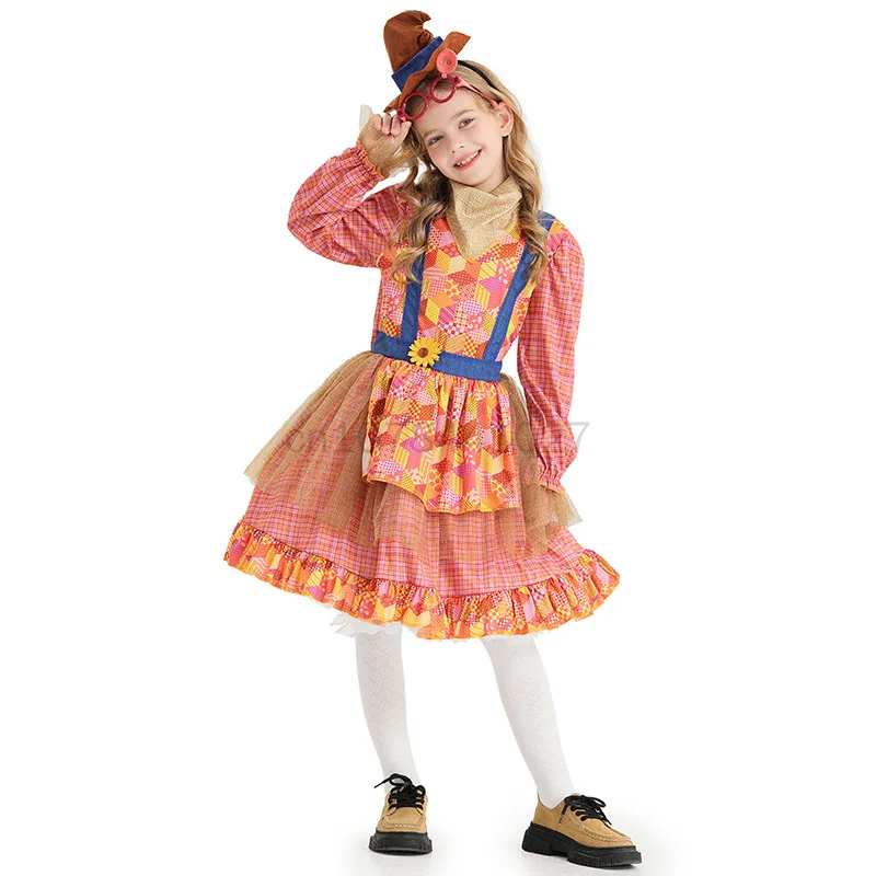 Vêtements de fermier d'Halloween pour enfants, robe d'épouvantail pour filles, costume d'horreur effrayant, robe de jeu en plis pour enfants