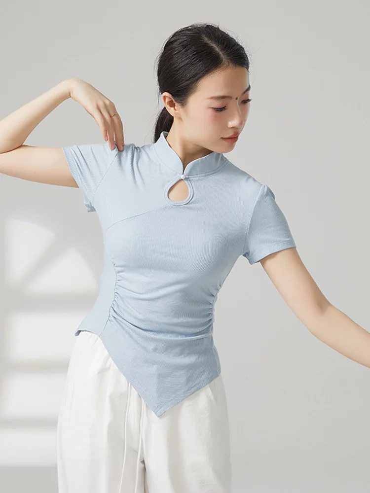 

Recreational Dancing 2025 Summer Classical Dance Dress New Chinese T-shirt Stand Up Collar Hollow Top Asymmetric Short Sleeve