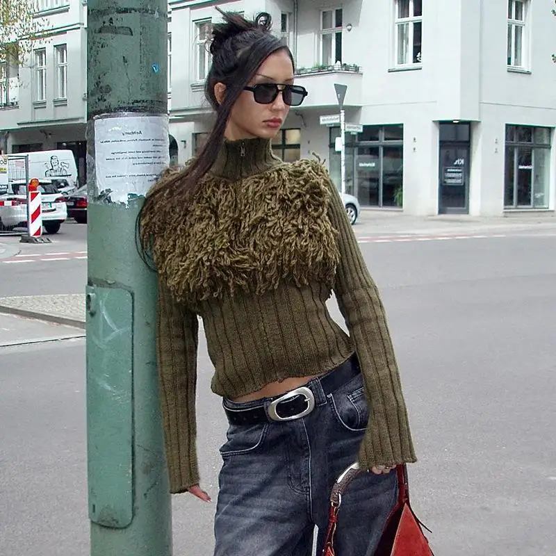 

Long Sve Knitted Sweater Pullover Tassel f High Collar Women's Faion Spring Season Tee-acetate Fiber 00%