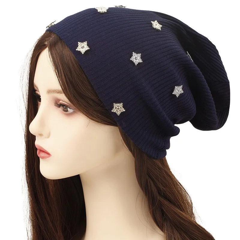 Women Rhinestone Star Ribbed Beanie Hat Autumn Winter Knit Slouch Hat For Ladies Casual Overisze Baggy Hats Customized Stuff