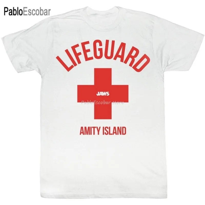 men cotton t-shirt male tee-shirt  Jaws Amity Island Lifeguard T-Shirt New Free Style Tee Shirt