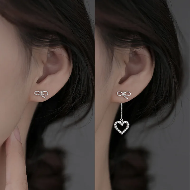 CIAXY Silver Color Bownot Stud Earrings for Women Hollow Heart Earring Korean Fashion Luxury Jewelry Party Gifts