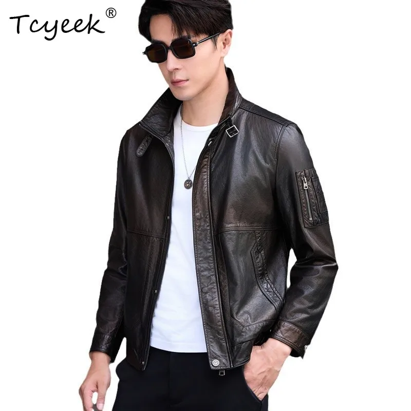 

Tcyeek верхний слой из коровьей кожи, весна-осень, модная корейская версия с лацканами, мужская куртка из натуральной кожи с локомотивом Jaquetas Masculino