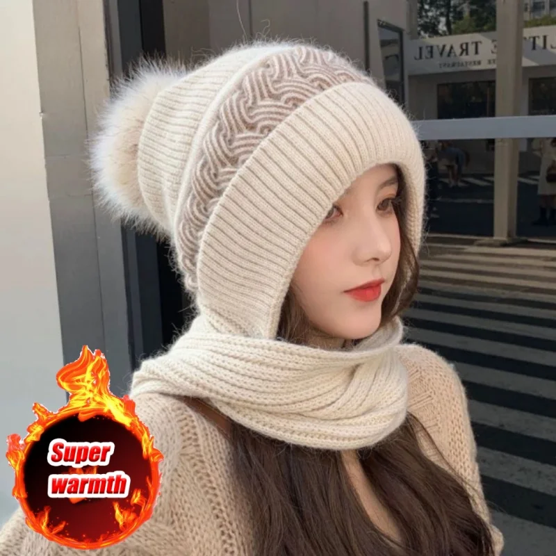 Winter warme Strickmütze Schal Combo für Frauen dicke Häkelmütze Ohr Hals Schutz süße Damen Mütze kaltes Wetter tragen