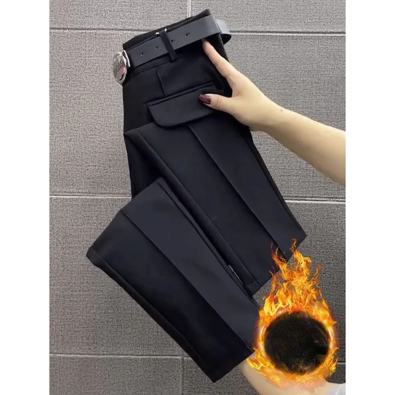 

Черные костюмные брюки для женщин на осень и зиму с флисом для похудения, профессиональные повседневные 9-дюймовые прямые эластичные брюки для сигарет