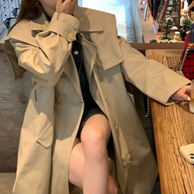 New Khaki Windbreaker Women\'s Long Coat Solid Lapel Belt Pocket Button Coats Female Autumn Winter Korean Loose Fashion Overcoat