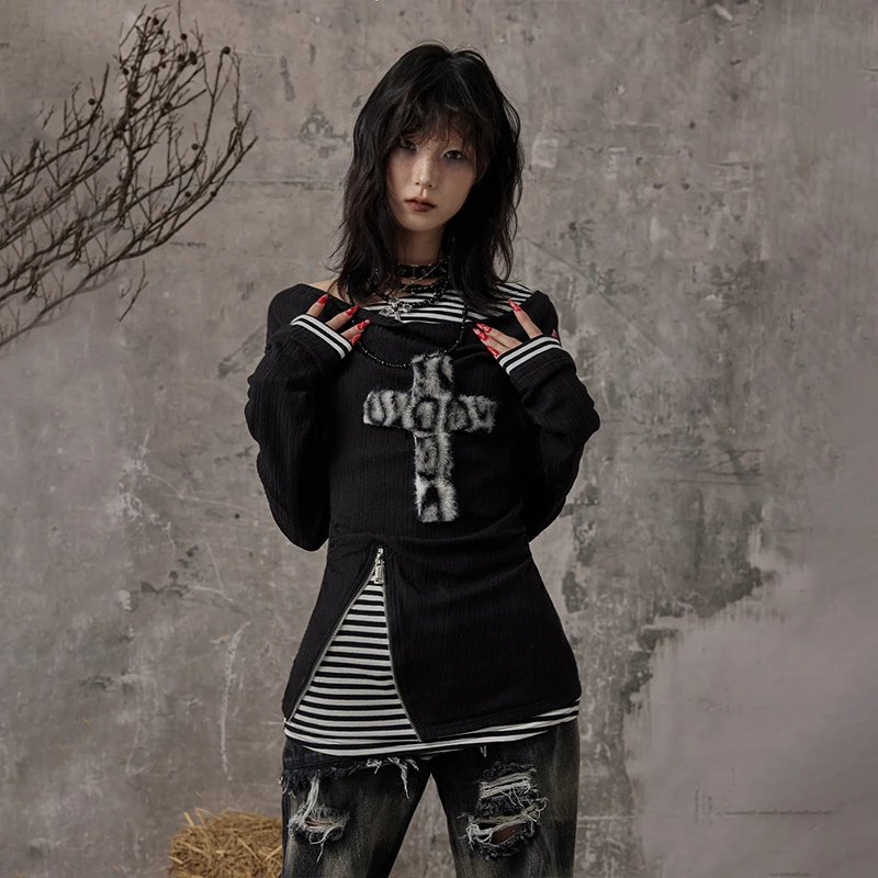 Karrcat الجرونج جماليات وهمية قطعتين القمم Trashy Y2k كم طويل محبوك القمم القاحل الشرير المرقعة القمم القوطية خمر #3