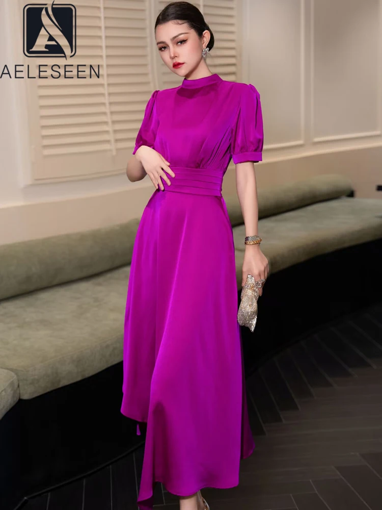 

AELESEEN Fashion Designer Long Dress Women Lantern Sleeve Turtneck Solid High Waist Elegant Irregular Party Holiday