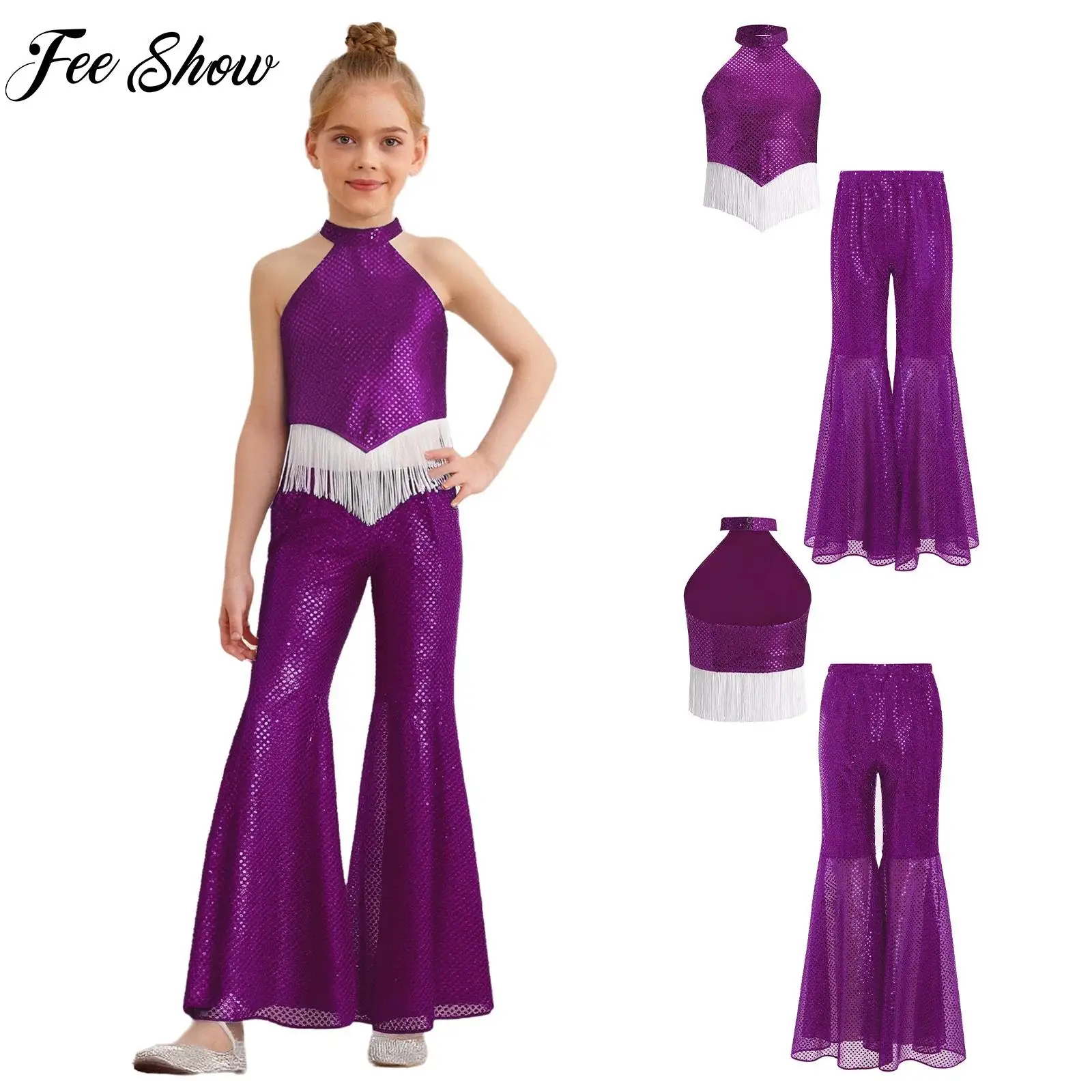 

Детский комплект для танцев в стиле джаз и хип-хоп для девочек: топ-халтер без рукавов с бахромой и пайетками + брюки для школьных вечеринок, танцев и черлидинга