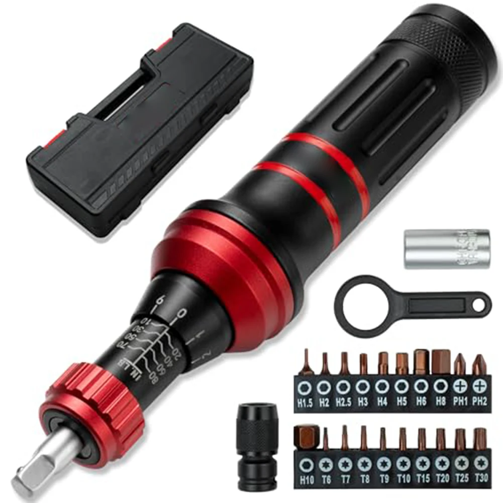 Mechanically preset torque screwdriver set with high precision torque control slip clutch and dual scale for exact tightening