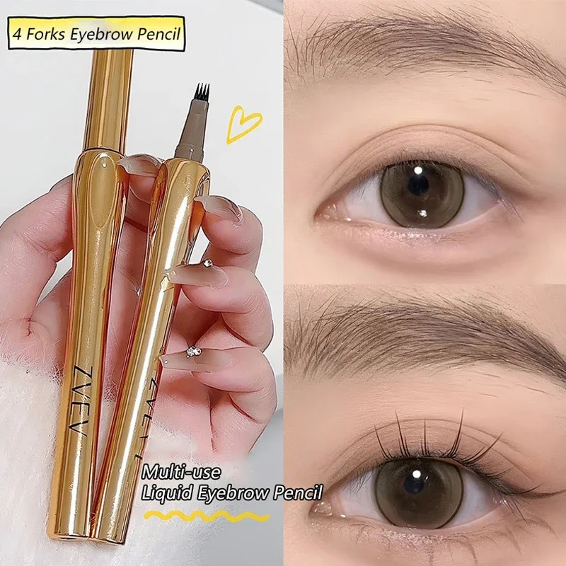 3색 눈썹 펜 방수 4 포크 팁 눈썹 타투 펜슬 화장품 오래 지속되는 자연스러운 짙은 갈색 액상 아이브로우 펜슬