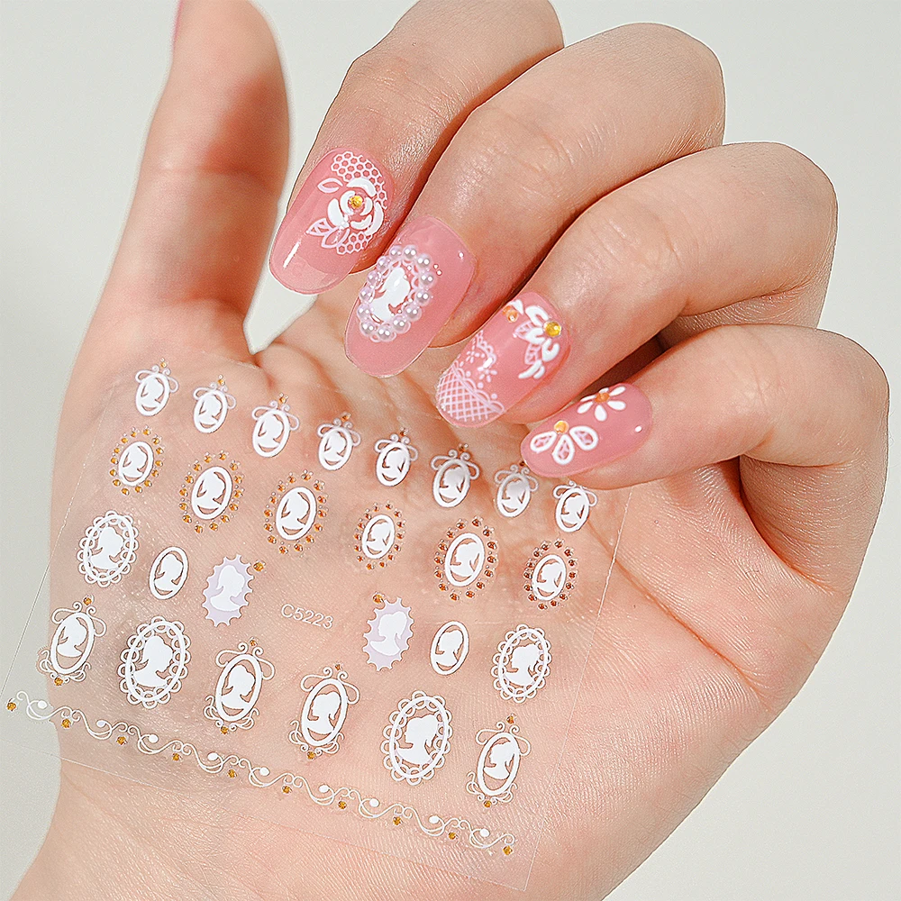 24pcs Rhinestones White Flower Nail Stickers Self-Adhesive Hollow Out Butterfly Nail Decals Elegant Manicure Decoration Sliders