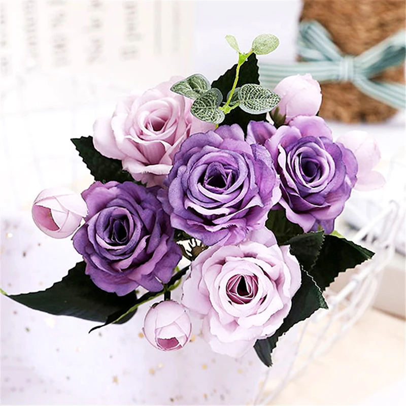 

Rose Spring Artificial Flower Bouquets Fake Rose Flowers for Home Decor Bridal Wedding Bouquet Silk Flowers Fake Flower