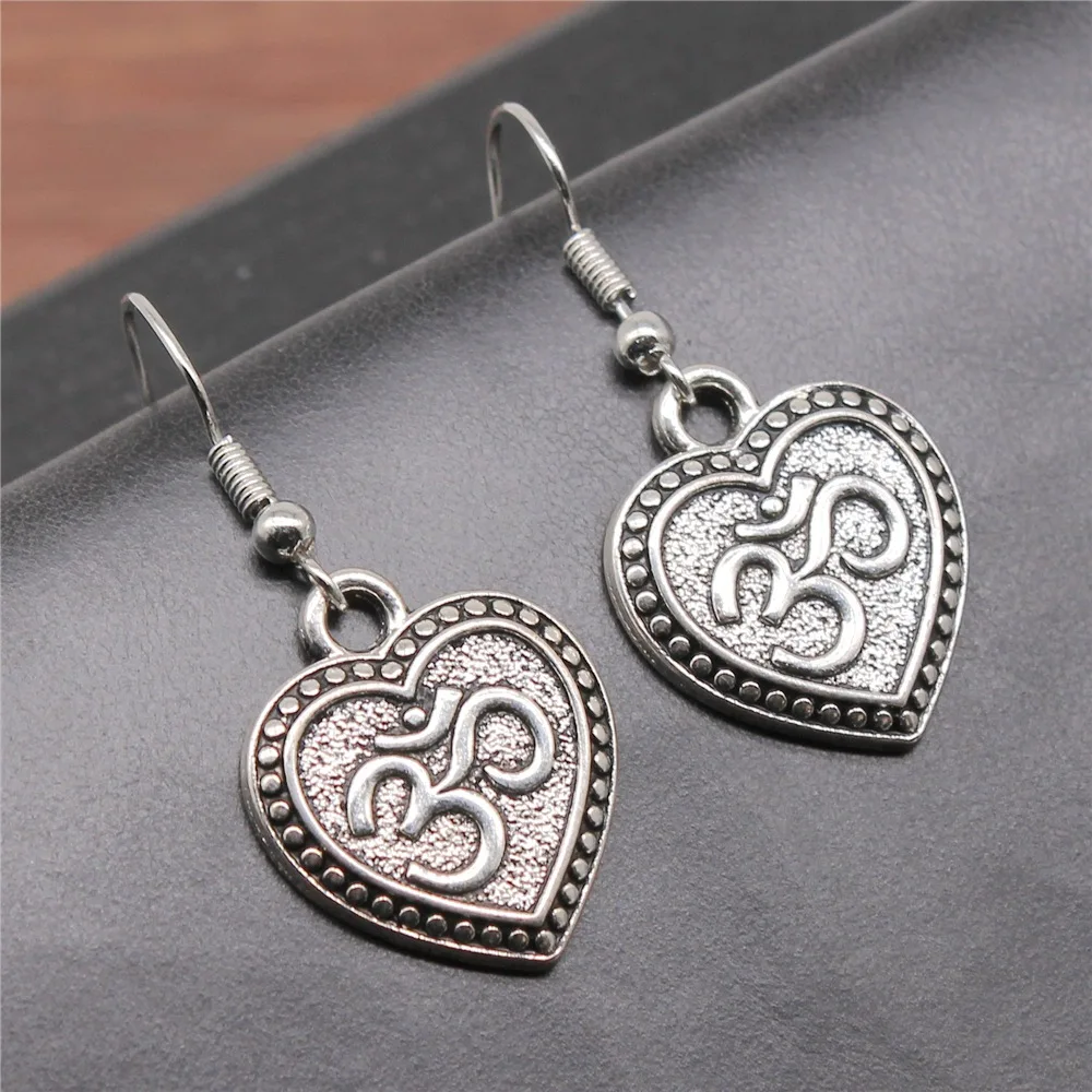 Fashion Handmade Simple Design Antique Silver Color Heart Om Pendant Earrings Drop Earrings