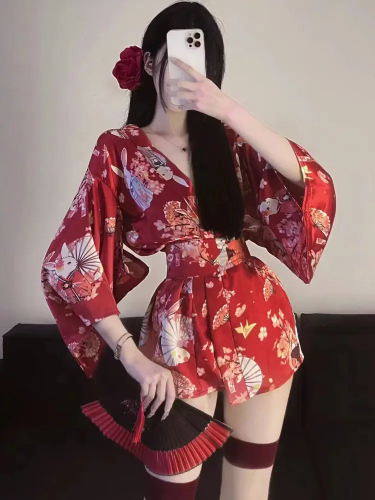 Red Yukata Robe Sweet Cartoon Girl Kimono Pajamas  Nightdress Hot Spring Yukata Pajamas Kimono Damskie  Kamono Japanese Dress