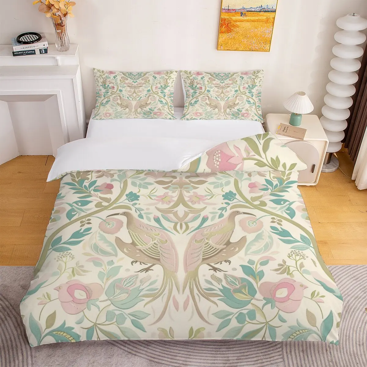 Pink Green Parrot  Down comforter set, extra large size  floral pattern  1 duvet cover and 2 pillowcases