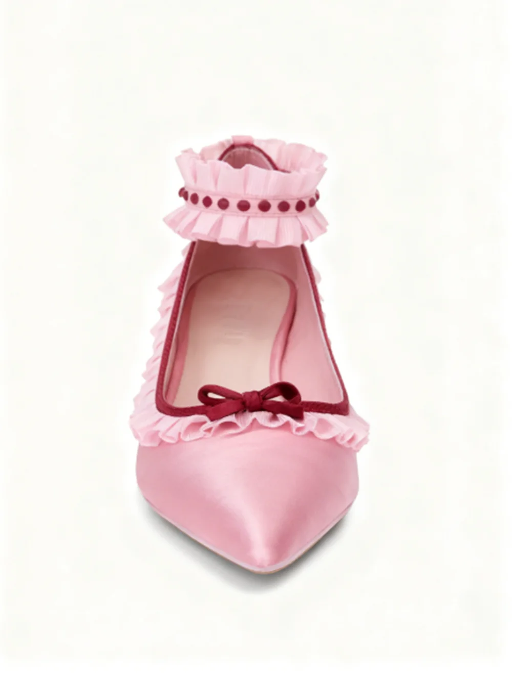 Soft Playful Style Blush Satin Pointed Toe Heels Ruffled Trim Red Gemstone Detail Sweet Elegant Ankle Strap Low Heels Shoes view 2