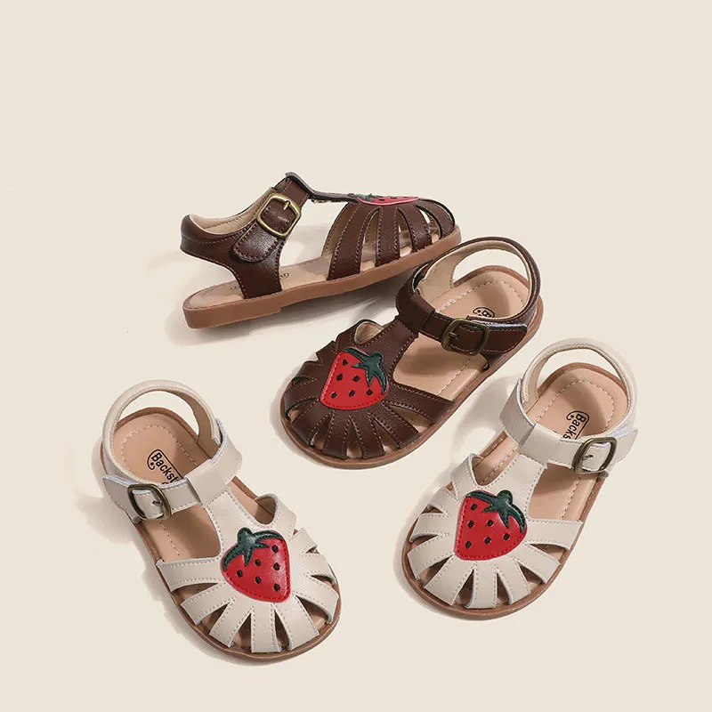 Kindersandalen Meisjes Leuke Aardbei Echt leer Strandsandalen Zachte zool Antislip Babyschoenen Maat 22-31