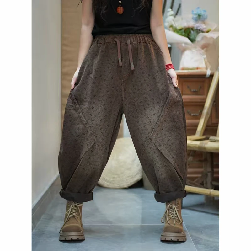 New Autumn Arts Style Women Elastic Waist Loose Ankle-length Pants All-matched Casual Vintage Print Harem Pants High Quality