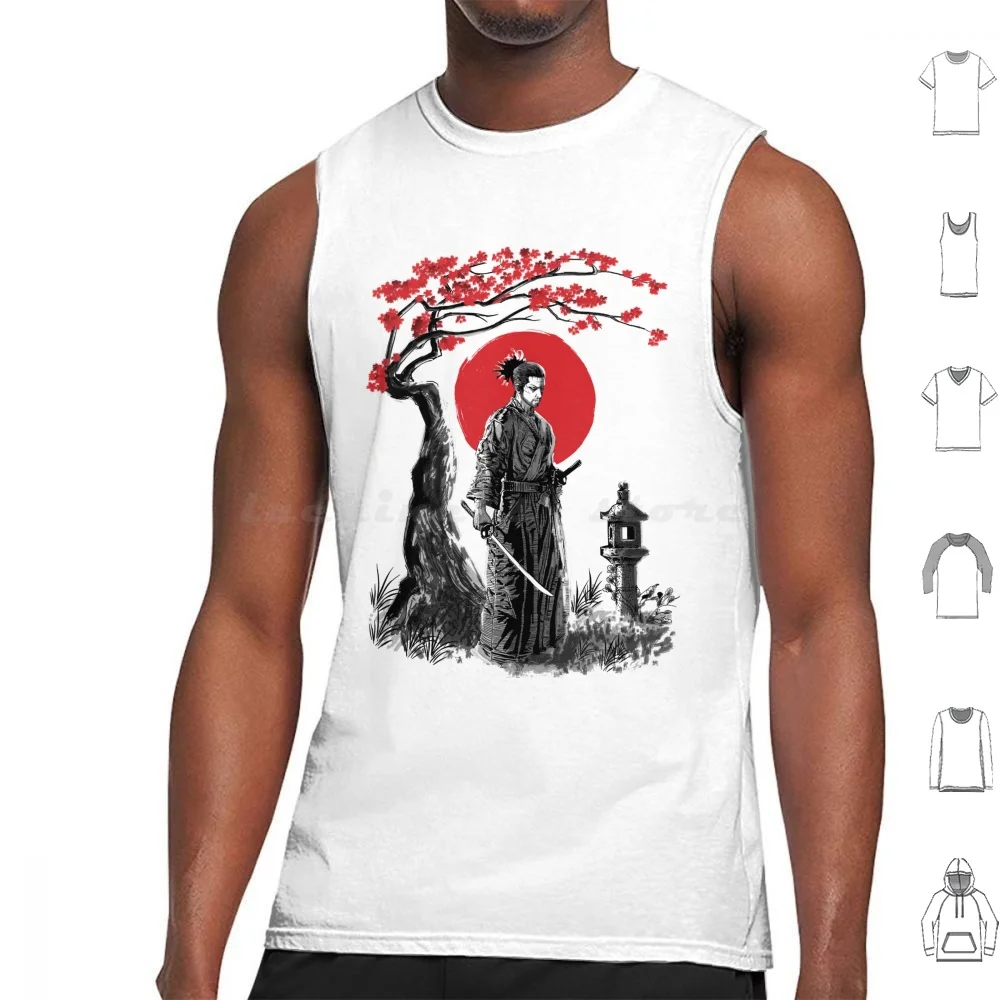 Miyamoto Mushashi Tank Tops Print Cotton Ronin Geisha Japan Japanese Sumi E Ink Tree Red Sun Anime Sleeve Miyamoto