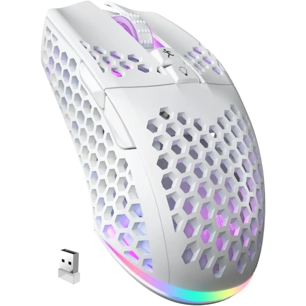 White Wireless Gaming Mouse with RGB Light, Multi-Mode Connectivity, and Programmable Macro for Laptop/PC/Mac