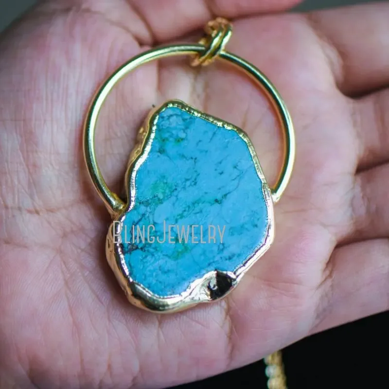 10pcs Gold Color Hoop Stone Slice Pendant Necklace Turquoise Slab Stainless Steel Chain Jewelry for Women