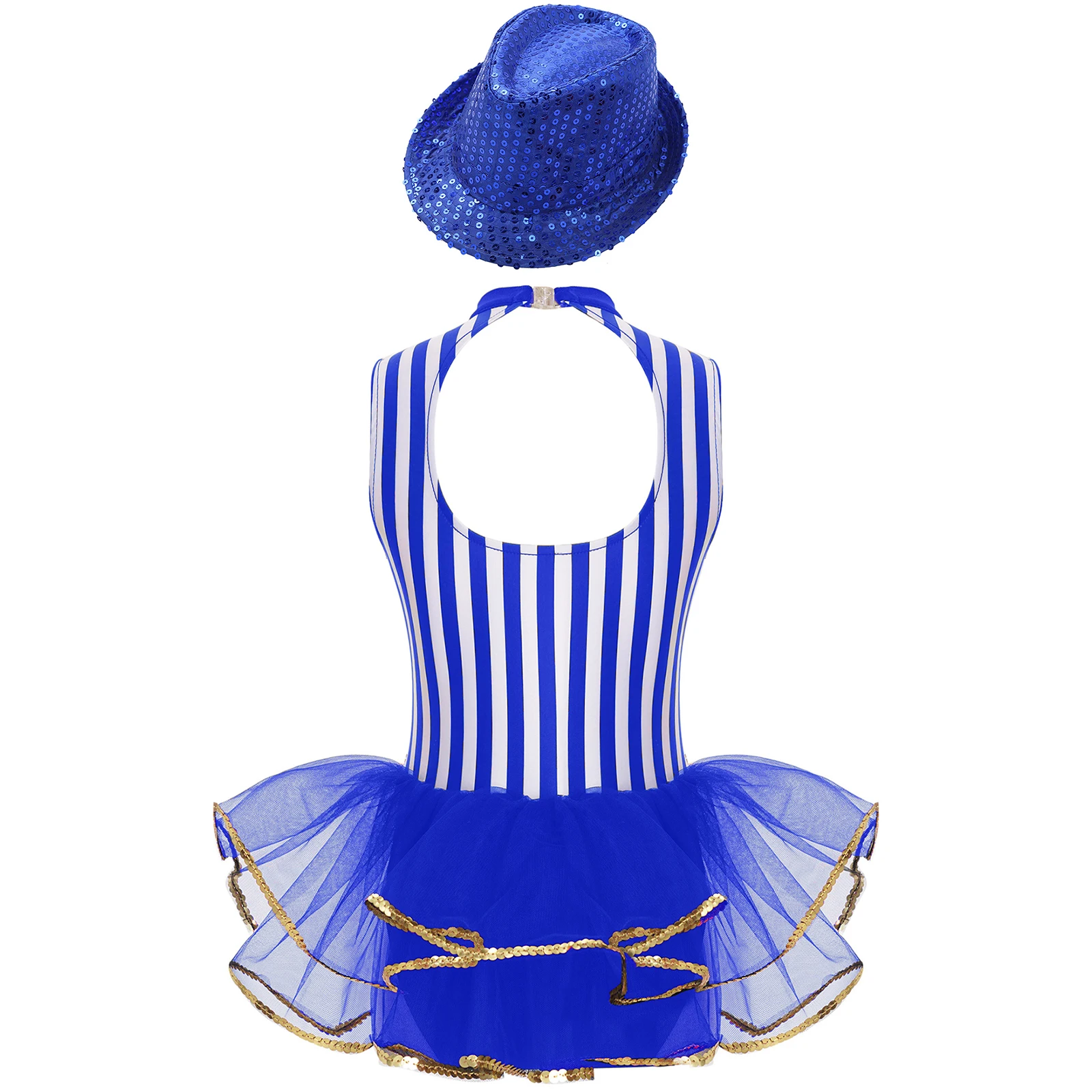 Kids Girls Jazz Dance Dance Unitards Sleeveless Sequined Trim Open Back Tulle Skirted Striped Leotard with Sequins Hat view 3