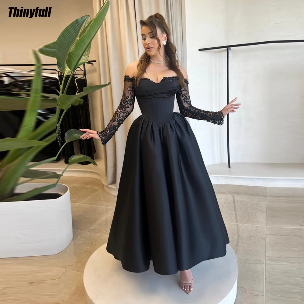 Thinyfull Off Shoulder Black Lace/Satin Prom Dresses A-line Long Sleeves Sweetheart Evening Party Gowns Formal Occasion Dress