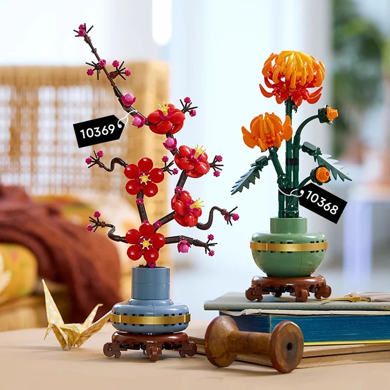 باقة زهور مجموعة الديكور المعماري السحلية الخيزران أقحوان زهر البرقوق اللبنات DIY بها بنفسك الزهور لعبة طفل الكبار