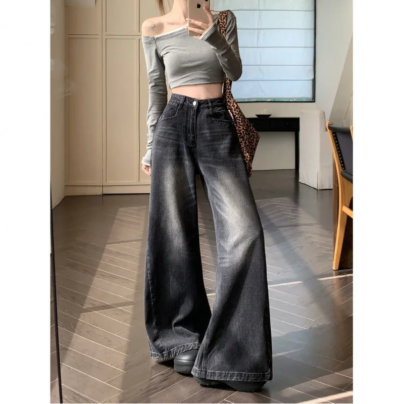 

chicVintage Wide-Leg Denim Pants for Women2025Vintage Hong Kong-style design loose wide-leg pants with a draping, floor-length c