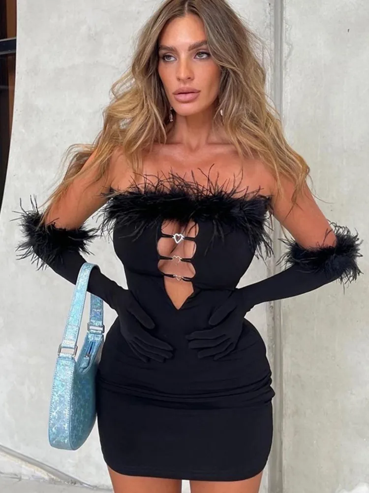 Fluff Decor Sexy Dress For Women Hollow Out Chest Wrapping Night Club Clothes Long-Sleeved Gloves Slash Collar Vestidos Feminino