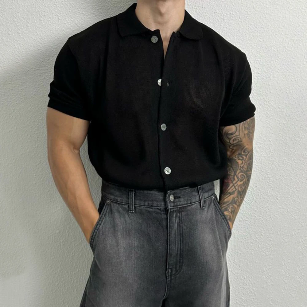 Mens Basic Simple Casual Short-Sleeve Knitted Shirt Genderless Thin Comfortable Solid Color Versatile Knitted Top Unisex