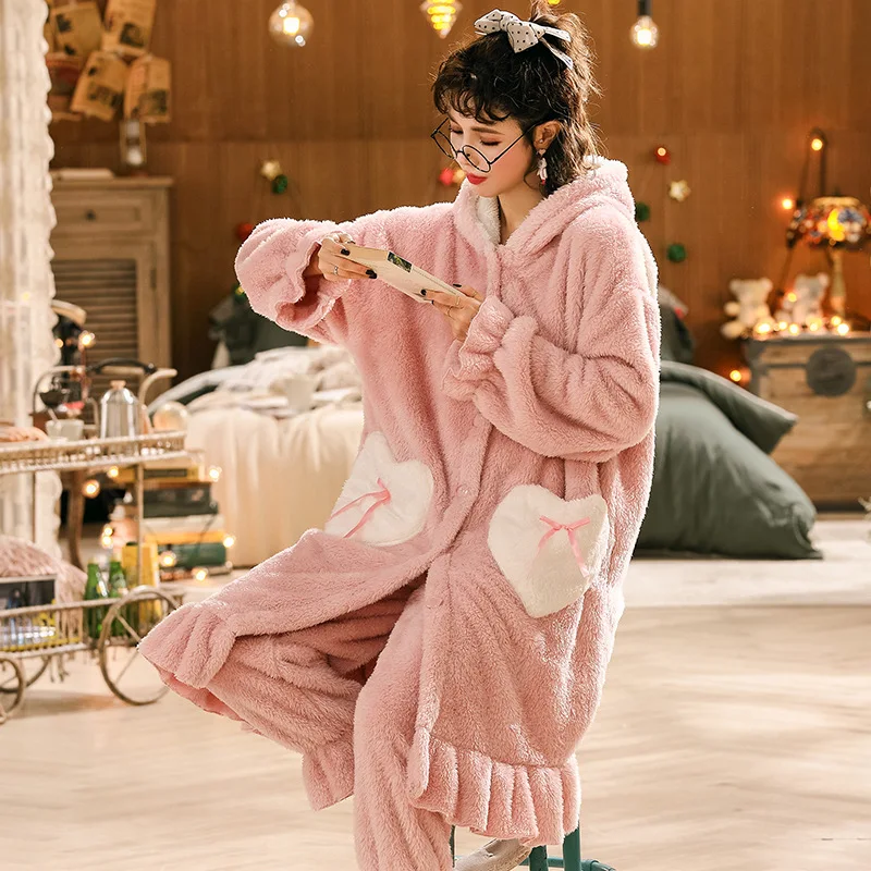 Winter Thicken Nightgown With Pants Suit Kawaii Pajamas Sets Cartoon Long Ears Lovely Hooded Sleepwear Coral Warm Home Clothes