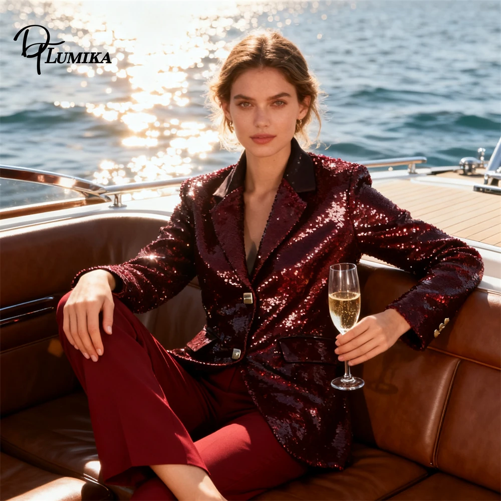 DTLumika Shiny Sequins Suit Jacket for Women, Burgundy & Black Formal Slim Fit Suit Blazer Actual Photo Full Sleeves Party Suits