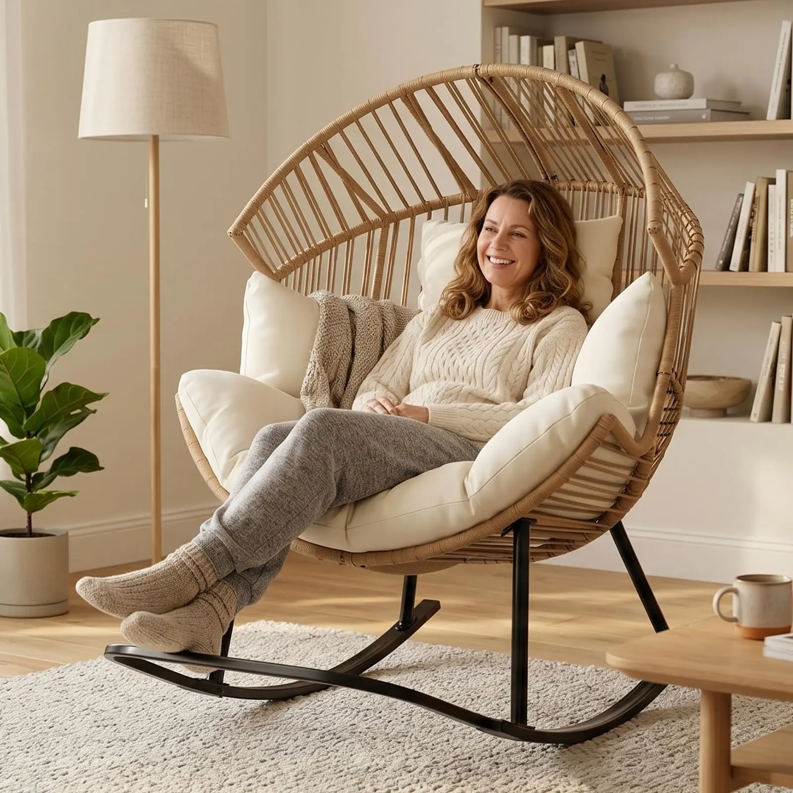 Oversized Ergonomic Wicker Rocking Egg Chair Natural Rattan Lounge Rocker With Extra Soft Pillow And Thick Cream Cushion For Indoor Outdoor Living Room Backyard Garden