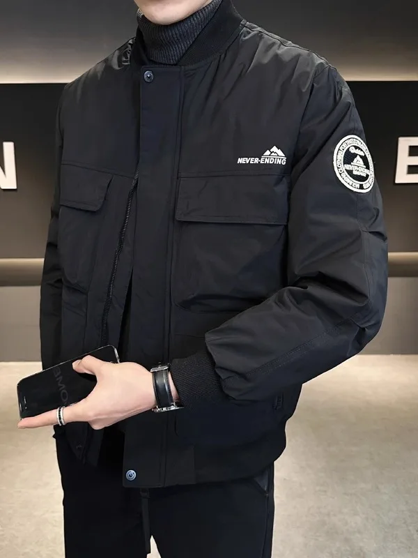 

Men's Warmth Ball Collar American Sle Casual Jaet Autumn Winter New Faion Outerwear Polyester Fiber Long Sve Zipper